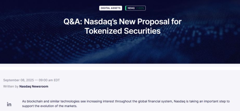 Nasdaq активно продвигает «токенизированные ценные бумаги», которые могут впервые получить одобрение для торговли на одной из основных бирж США. image 0