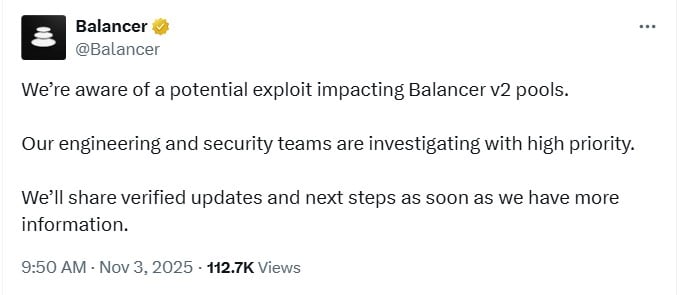 Balancer Faces Massive $110M Breach — One of the Largest DeFi Exploits of 2025 image 0