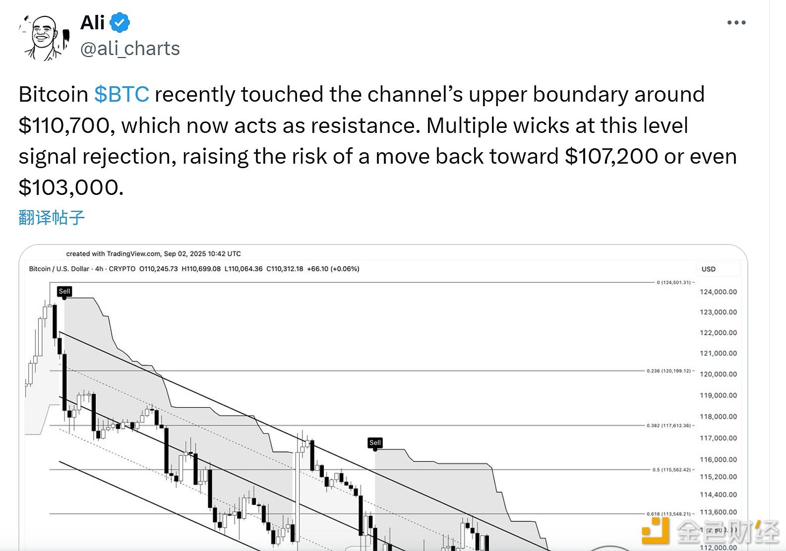 Analyst: Bitcoin recently touched the upper channel, and the area around $110,700 has now become a resistance level