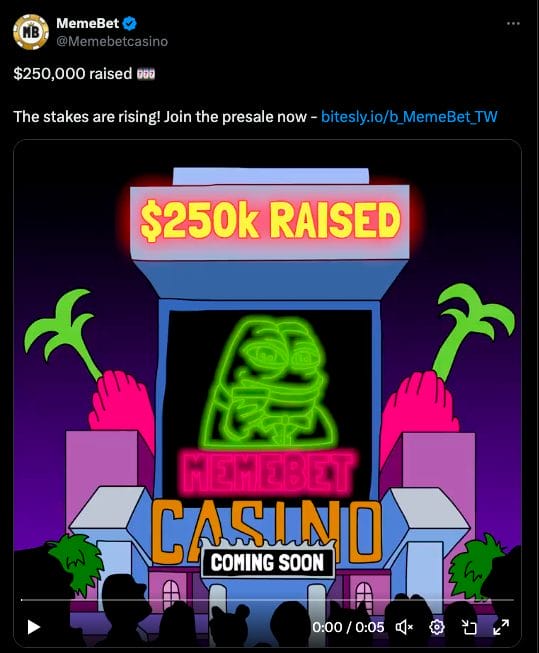 Web3’s First Meme Coin Casino Memebet Token Raises $250,000 in Launch Week image 1
