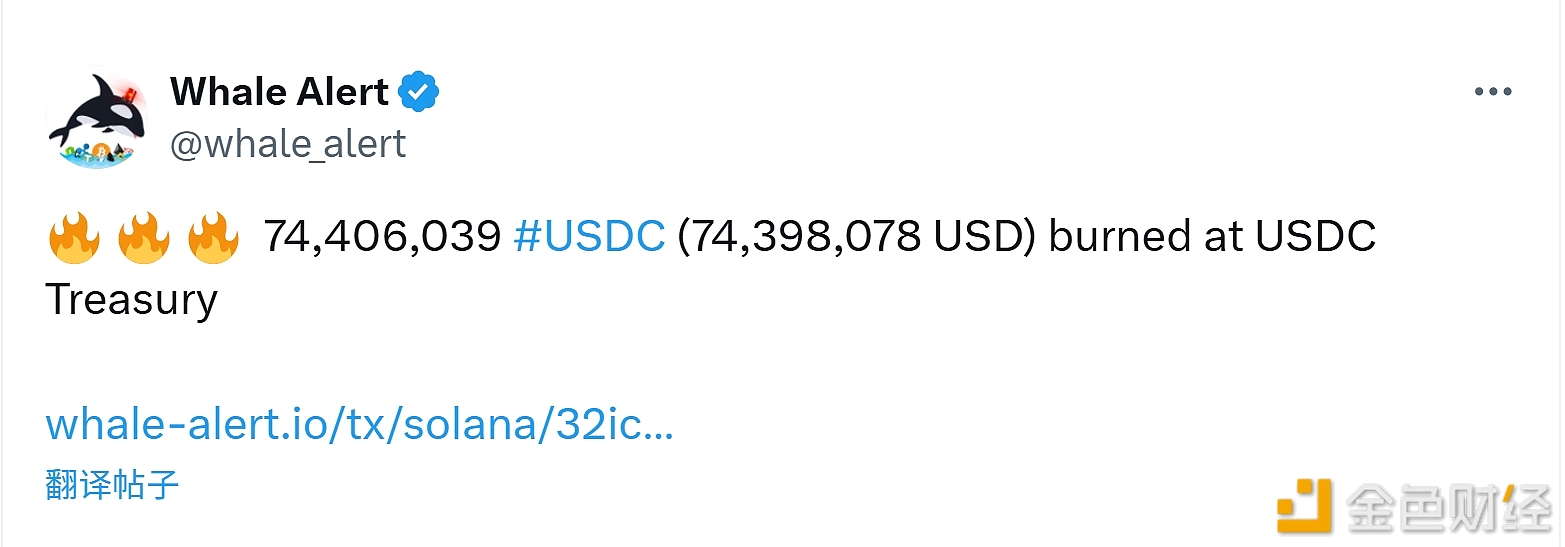74,406,039枚USDC在USDC财库被销毁