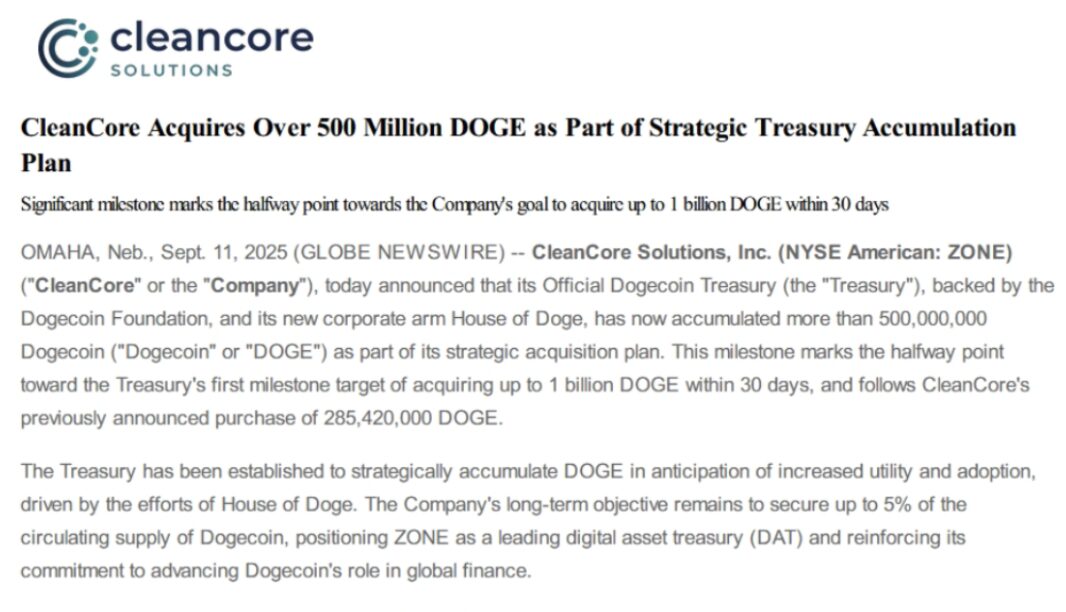 CleanCore Solutions Reaches Halfway Mark in $1B Dogecoin Treasury Plan image 0