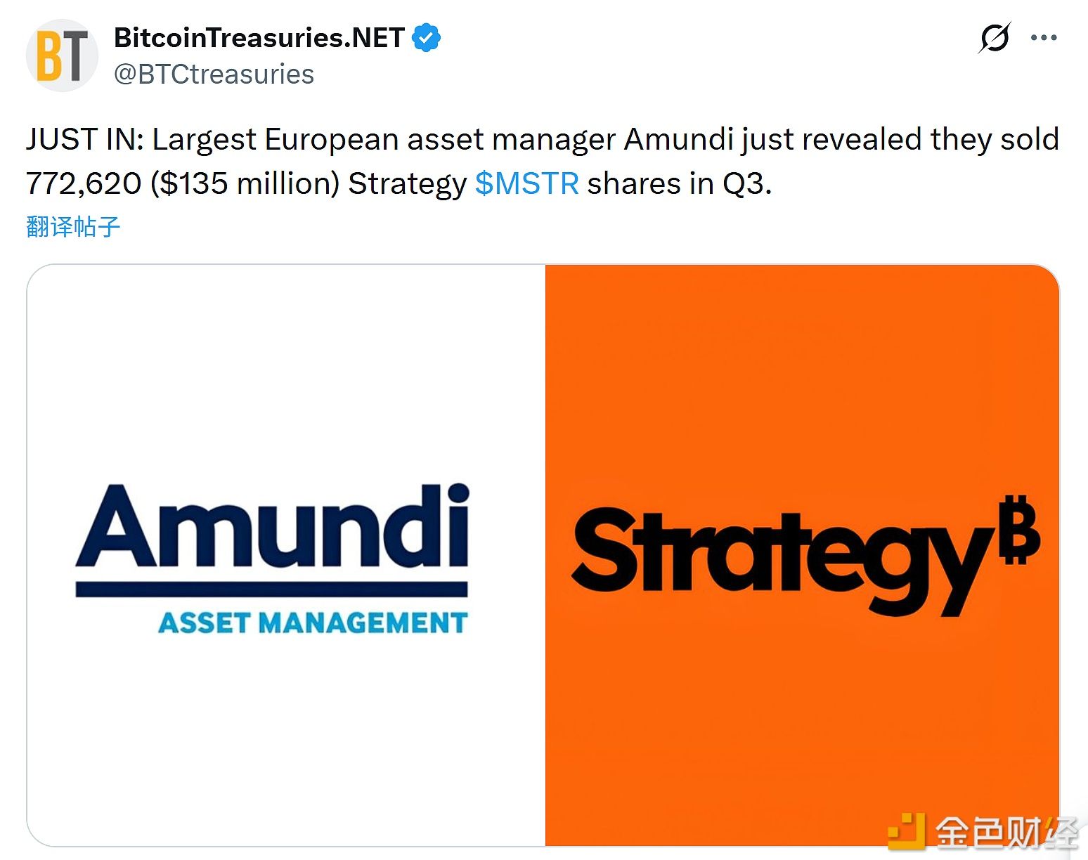 欧洲资产管理公司Amundi在Q3出售约1.35亿美元Strategy股票
