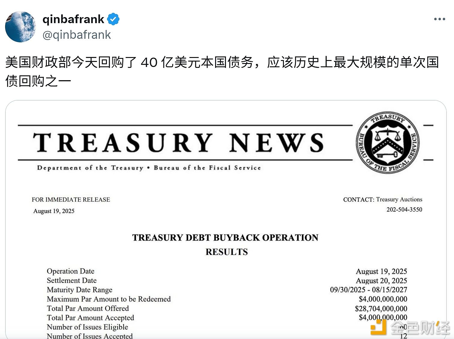 U.S. Treasury to Repurchase $4 Billion in Government Debt Today