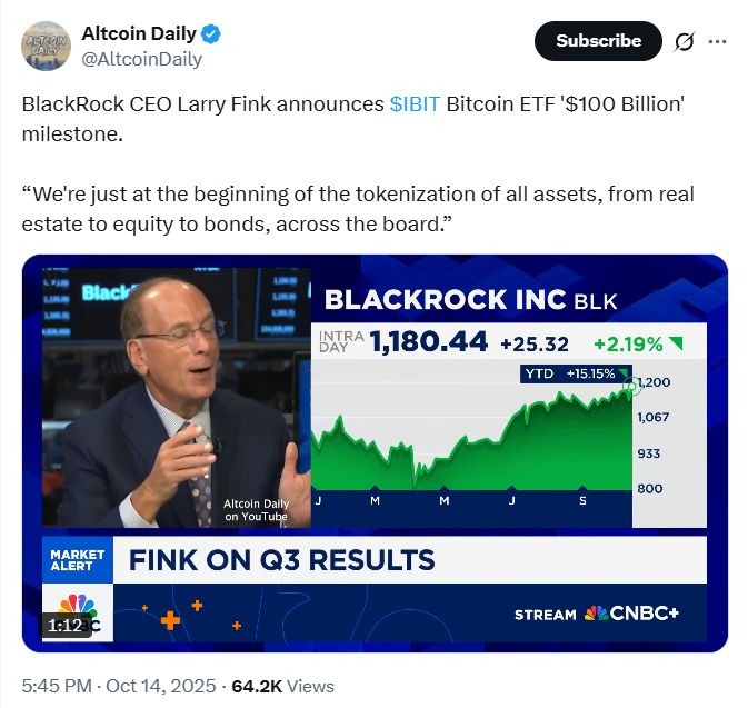 Генеральный директор BlackRock рассматривает возможность токенизации, биткойн ETF (IBIT) преодолевает отметку в $100B image 0