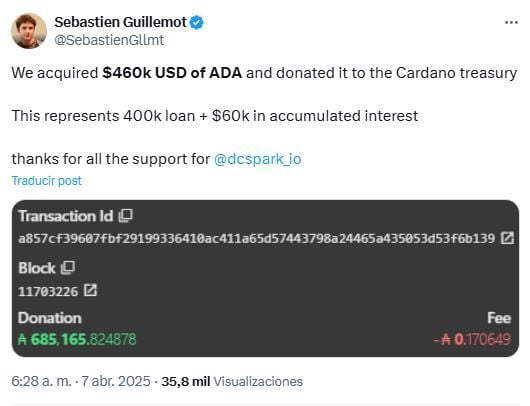 Sebastien Guillemot ha aportado casi 700.000 ADA a la tesorería de Cardano image 1
