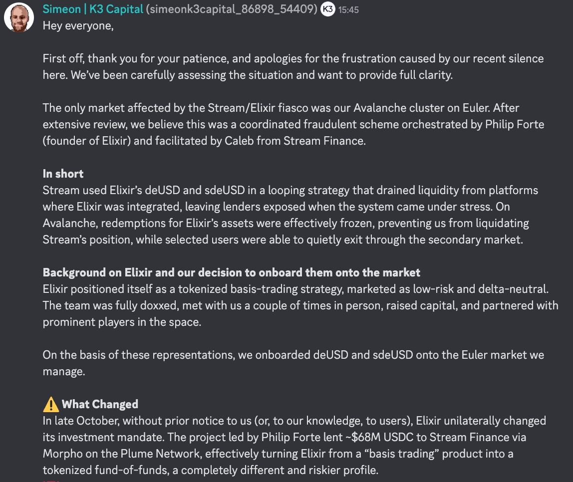 Elixir 是詐欺!K3 Capital 怒斥 deUSD 挪用資金、公然說謊,要送創辦人進監獄 image 1
