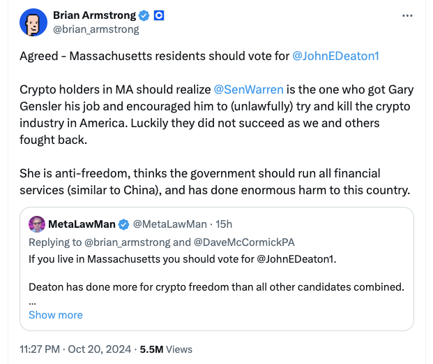 Глава Coinbase Брайан Армстронг поддерживает кандидатов в Сенат от Республиканской партии image 1