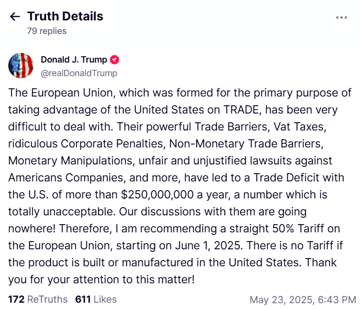 Bitcoin tumbles under $108K after Trump calls for 50% EU tariff image 3
