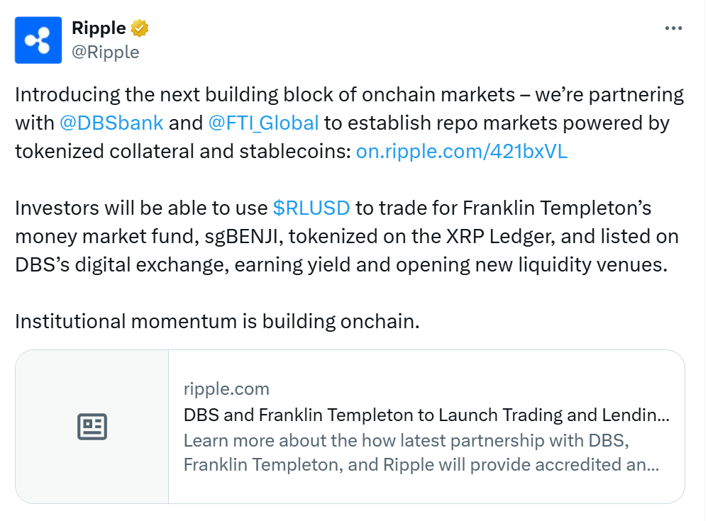 DBS, Franklin Templeton e Ripple collaborano per lanciare il prestito tokenizzato image 0