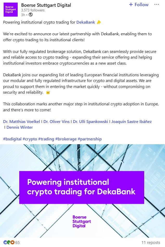 Banco Alemán DekaBank se Asocia con Boerse Stuttgart Digital para Servicios de Trading Cripto image 0