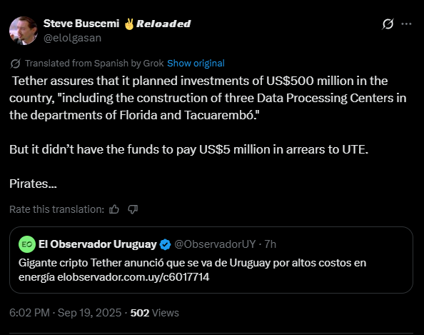 Tether’s Uruguay Mining Plans Hit Setback Amid Energy Dispute image 0