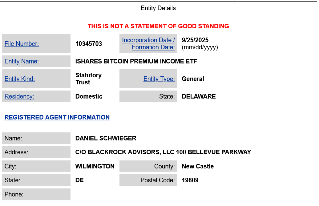 BlackRock Registers Delaware Trust for Possible Bitcoin Premium Income ETF That Could Use Covered Calls to Generate Yield image 0