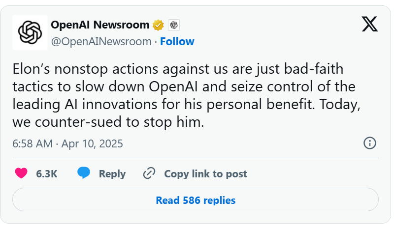 OpenAI Countersues Elon Musk, Accuses Billionaire of 'Bad-Faith Tactics' image 0
