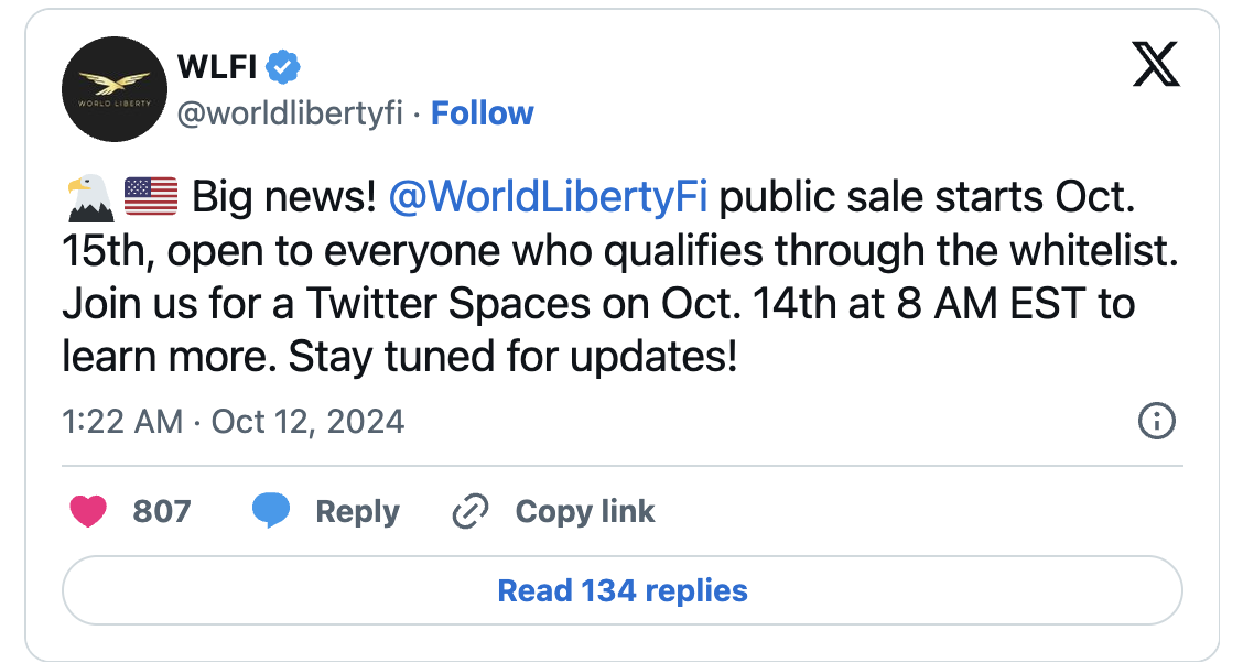 特朗普支持的 World Liberty Financial 将于10月15日开启代币公开销售 image 1