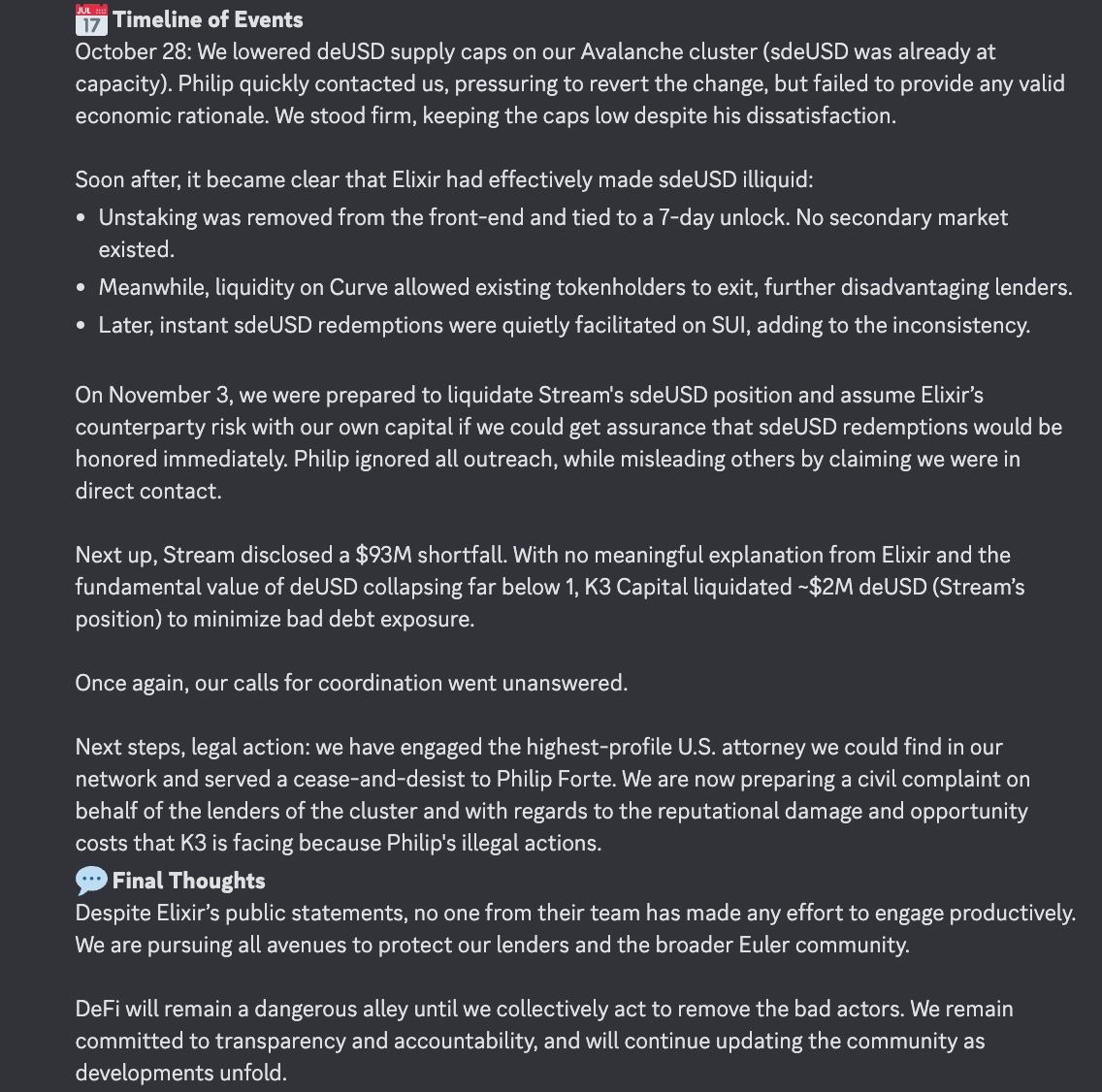 Elixir 是詐欺!K3 Capital 怒斥 deUSD 挪用資金、公然說謊,要送創辦人進監獄 image 2