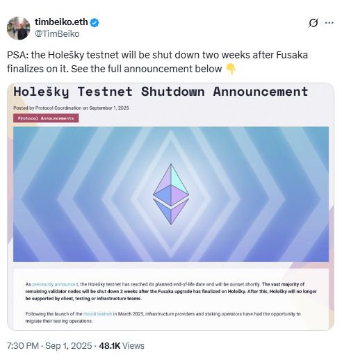 Ethereum wird das Holešky-Testnet nach dem Fusaka-Fork abschalten, Hoodi wird es ersetzen