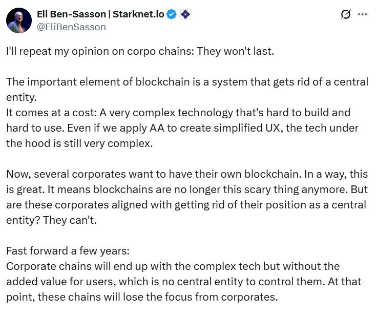 ‘Corpo chains’ doomed unless they embrace crypto’s ethos: StarkWare CEO