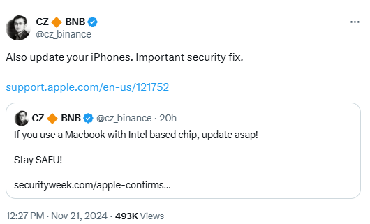 Kelemahan Keamanan Apple macOS/iOS: CZ memperingatkan pengguna kripto yang berisiko image 0