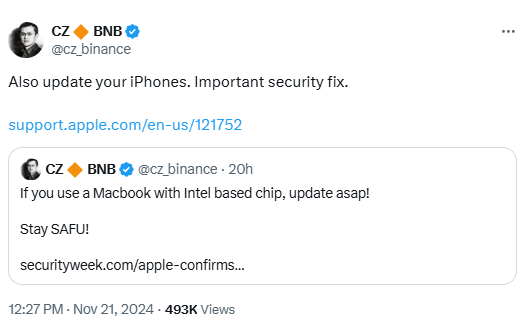 Apple macOS/iOS Security Flaw: CZ Warns Crypto Users at Risk image 0