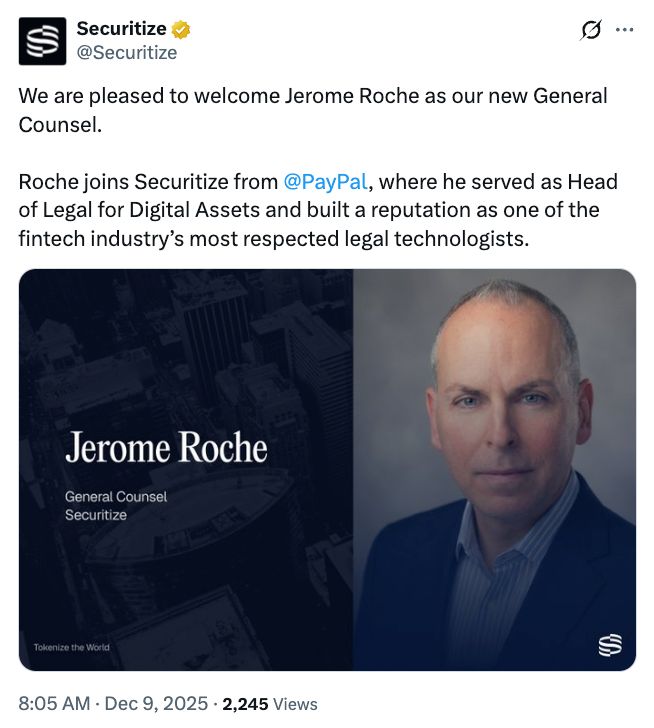 Компания Securitize нанимает бывшего сотрудника PayPal, поскольку токенизация в США набирает обороты image 0