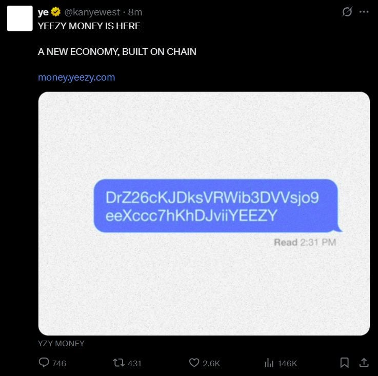 Kanye West lanza moneda meme YZY en Solana y planea sistema de pago YZY Money image 0