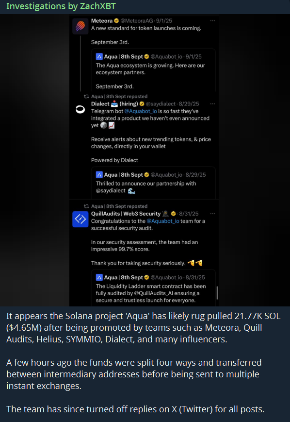 ZachXBT señala proyecto Aqua de Solana por fraude de $4.65M image 1