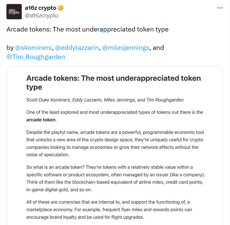 Arcade tokens are a ‘critical building block’ in crypto’s evolution: a16z