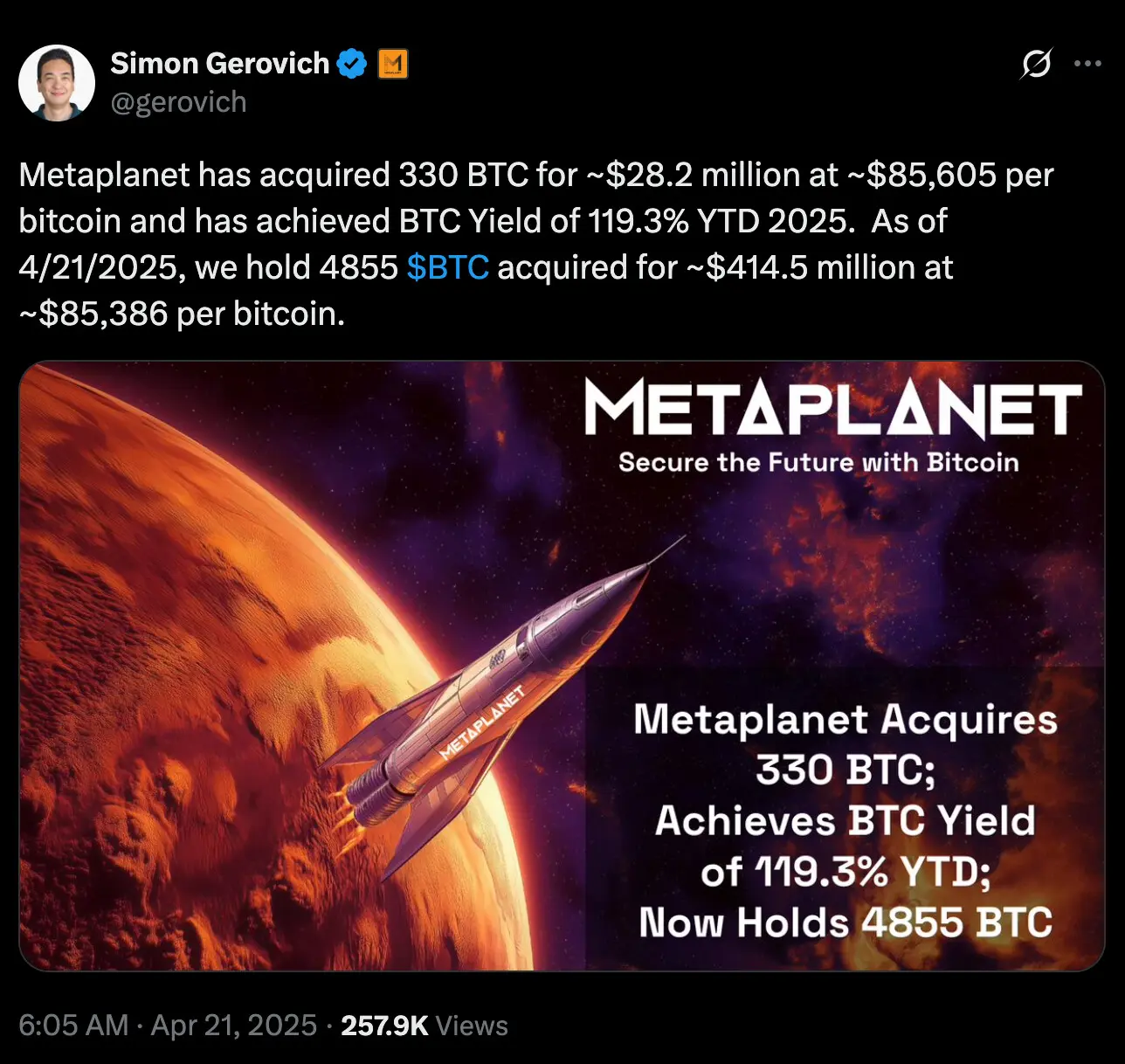Metaplanet acquires 330 Bitcoin worth $28 million