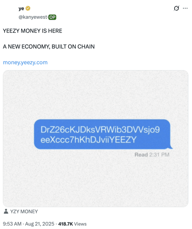 肯爺跨足加密新創！推出 YZY MONEY 主打支付應用，代幣開盤估值衝上 30 億美元