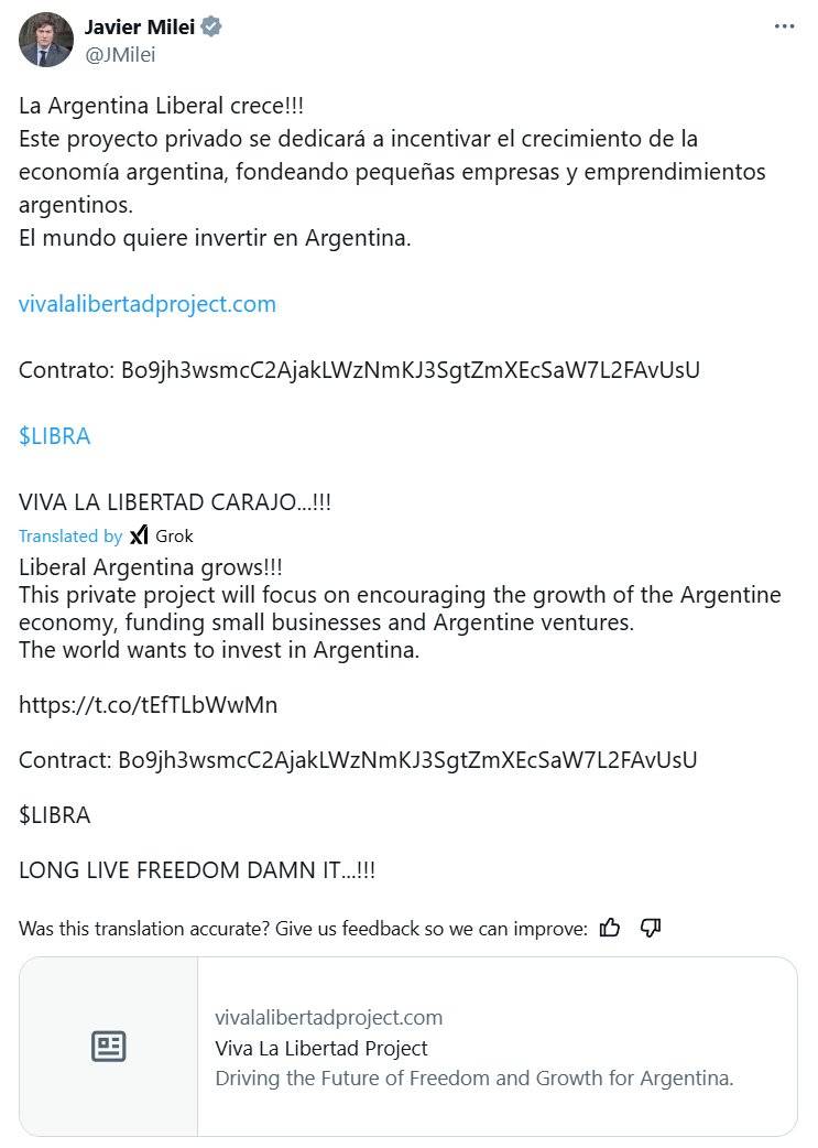 Memecoin LIBRA giảm 90% sau khi được Tổng thống Argentina shill rồi lại