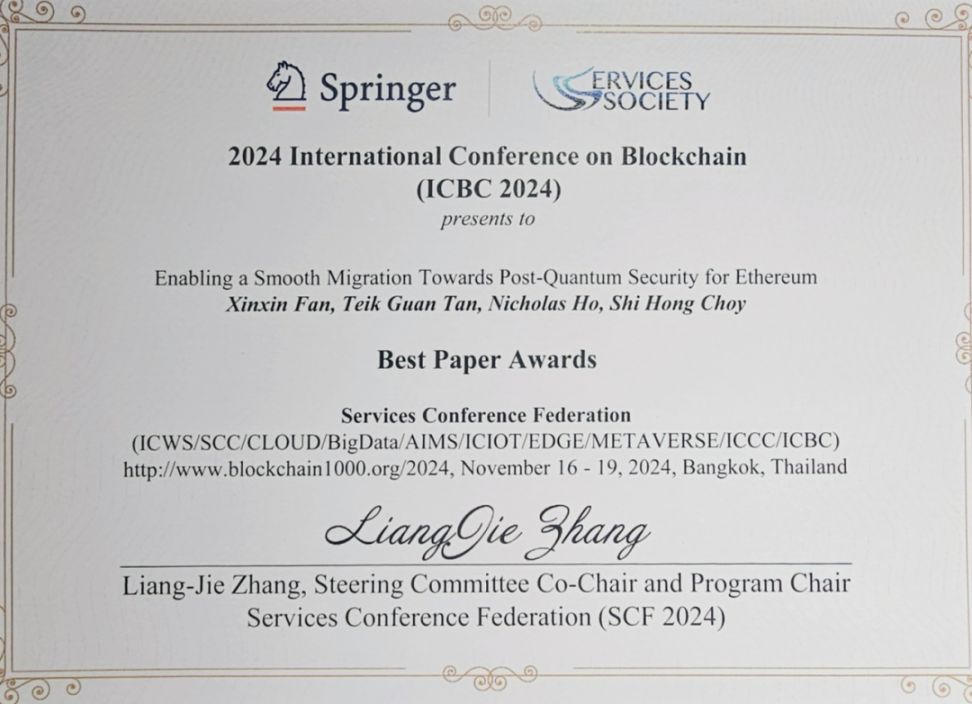 El doctor Xinxin Fan, director de I+D de IoTeX, ganó el premio a la mejor tesis de ICBC por su trabajo sobre seguridad cuántica, que se aplicará primero en la red blockchain de IoTeX. image 0