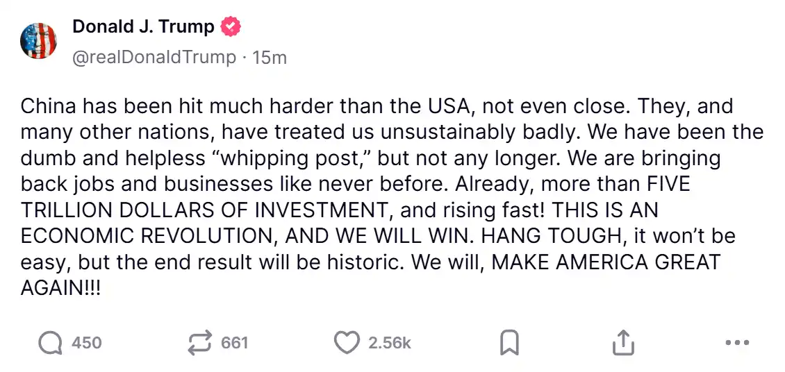 Trump: Thuế quan đang mang lại việc làm và doanh nghiệp, và nước Mỹ sẽ chiến thắng