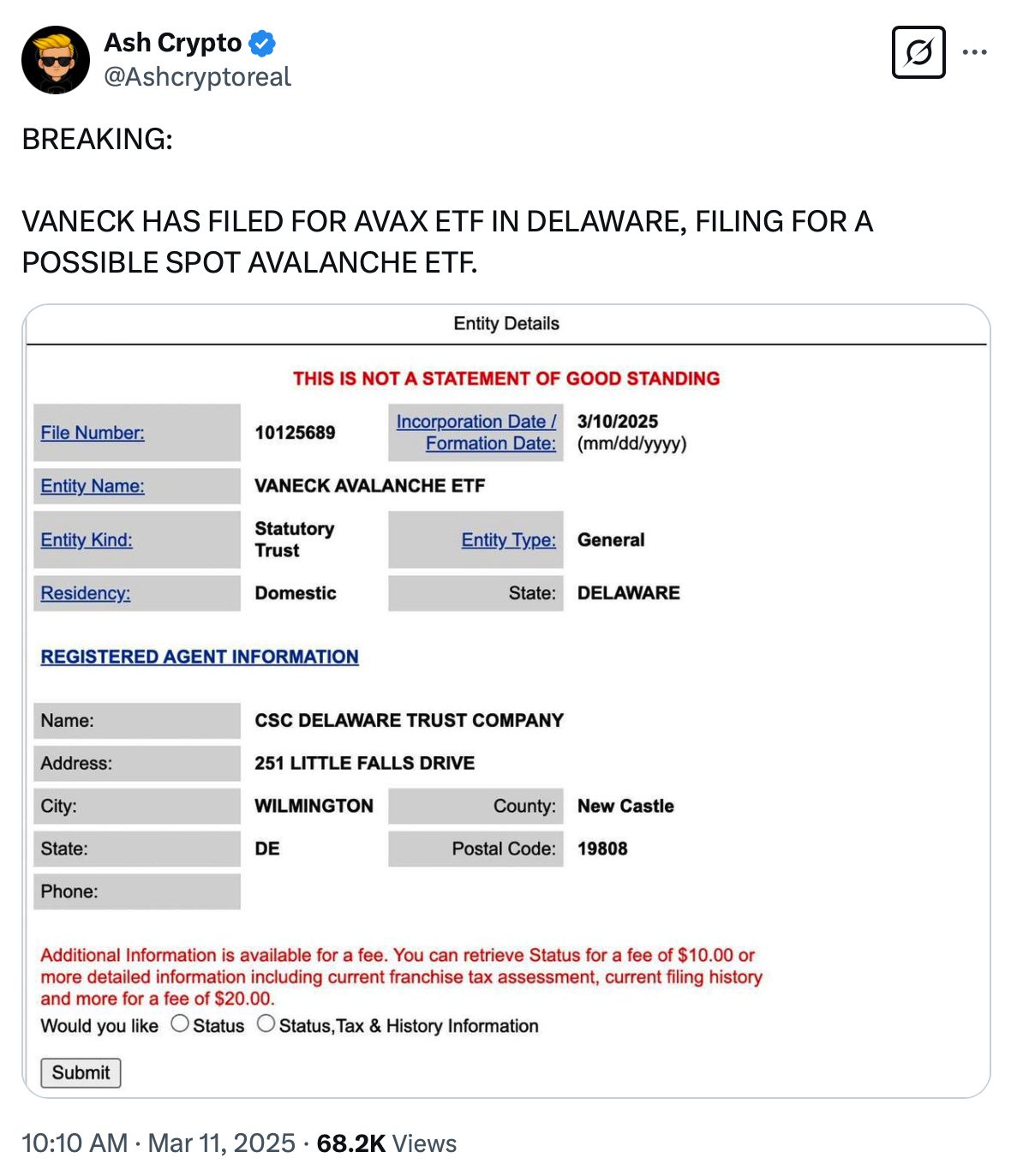 VanEck Avalanche ETF Registered in Delaware Amid Increasing Monthly User image 0