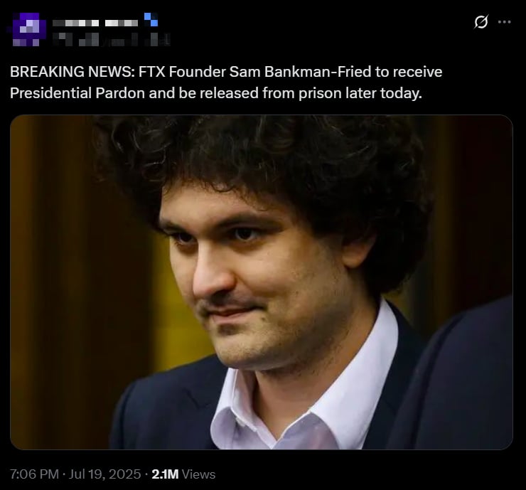 FTT rockets 43% on false report that Trump has pardoned Sam Bankman-Fried image 0