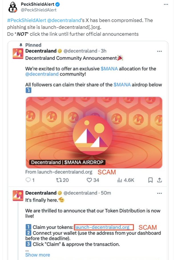 Akun Resmi X Decentraland Diretas, Penipuan Phishing Airdrop MANA Menyebar image 0