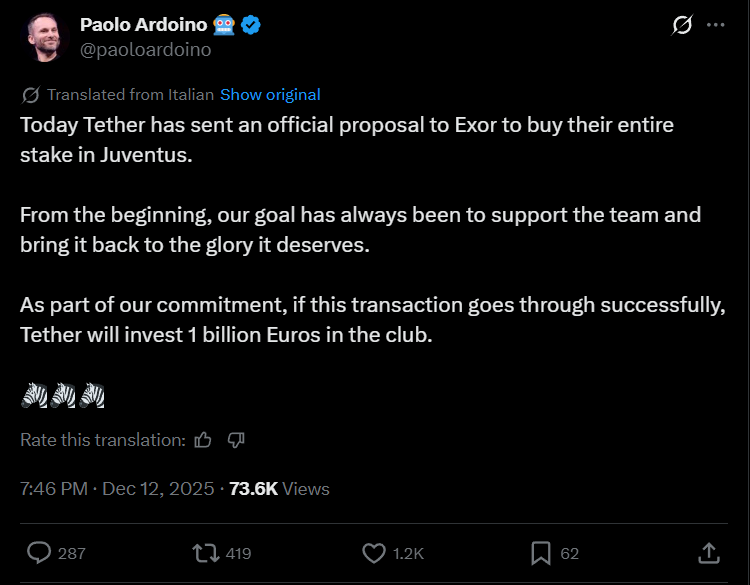 Tether Moves to Buy Juventus in Landmark Crypto Sports Deal image 0
