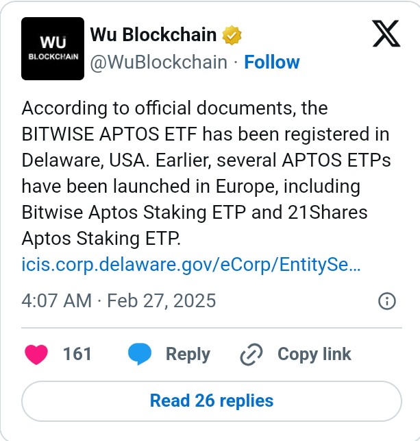 Bitwise Aptos-ETF jetzt in Delaware registriert – APTOS Anlageprodukte auf dem Vormarsch image 0