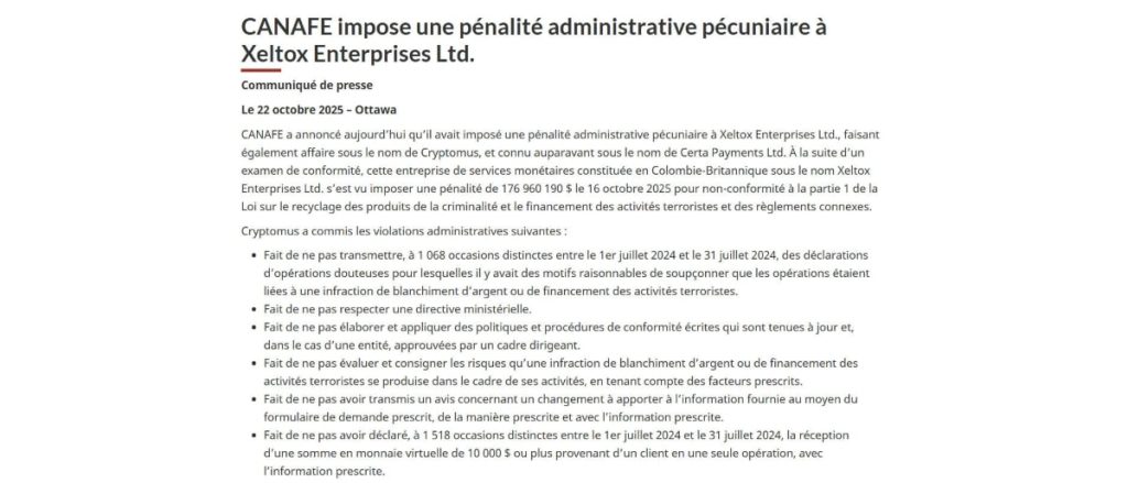 Le Canada frappe fort : 177 M$ d’amende contre un acteur crypto, l’AML se durcit image 1