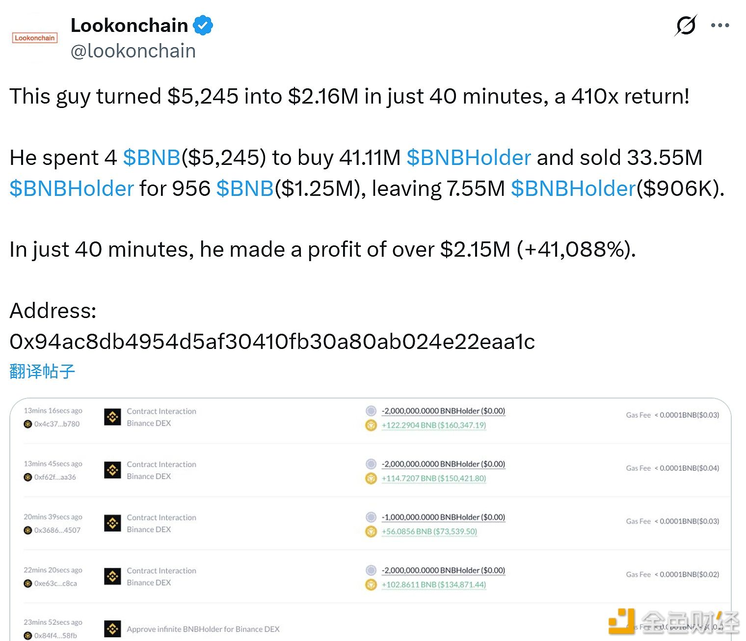 某交易员买入BNBHolder,40分钟内盈利超410倍