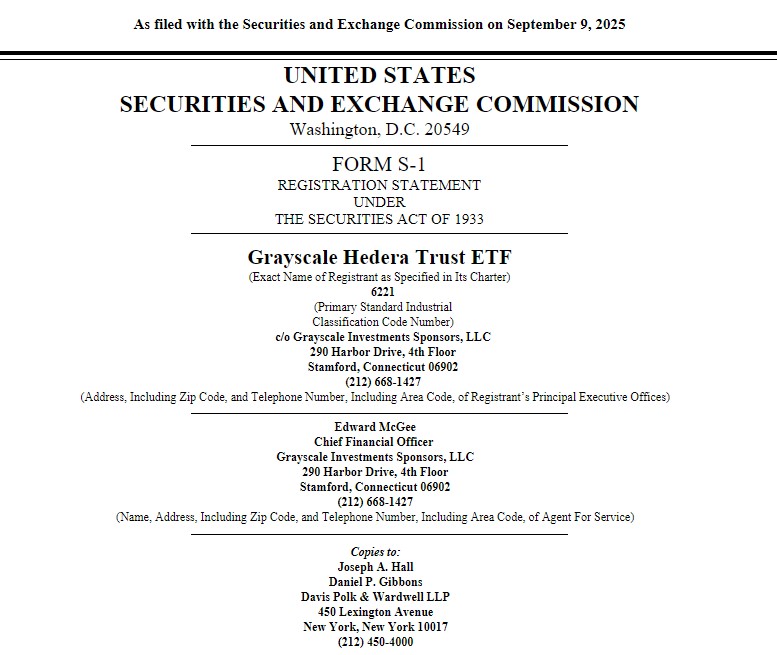 ETF Hedera (HBAR) : Grayscale dépose son dossier à la SEC image 1