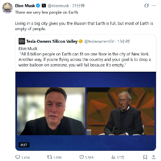马斯克称地球人满为患只是错觉，纽约一层楼可装下全球80亿人 image 0
