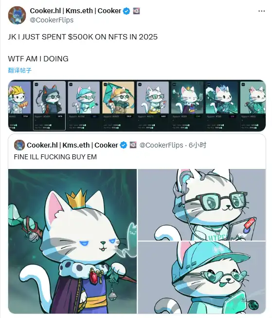 某加密KOL花费50万美元购入8枚Hypurr NFT