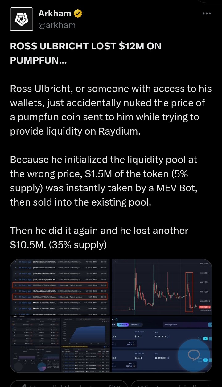 Dompet yang Dikaitkan dengan Ross Ulbricht Kehilangan US$12 Juta dalam Kesalahan Memecoin image 0