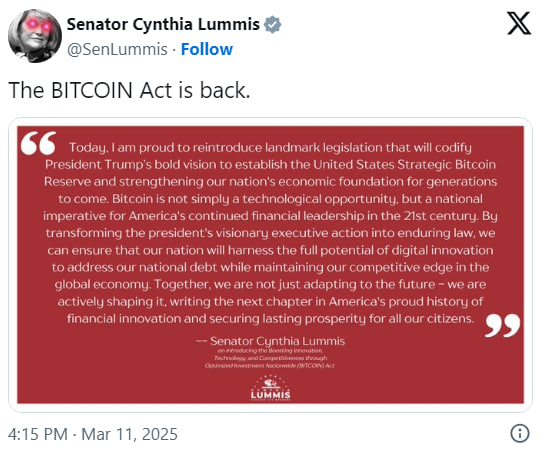 Сенатор Ламмис вновь предлагает BITCOIN Act: ставка на 1 млн BTC image 0