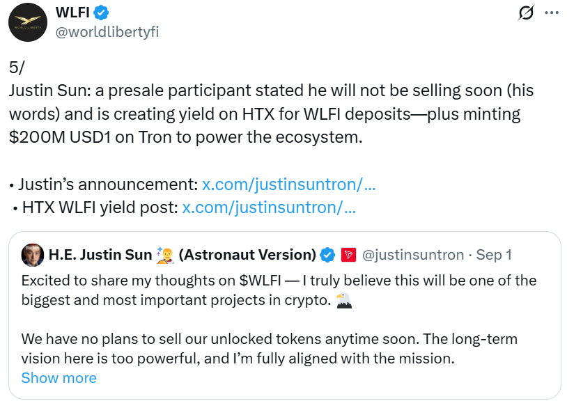 Justin Sun Seeks WLFI Token Unfreeze as Blacklisting Sparks Questions Over Possible Sell-Off image 1