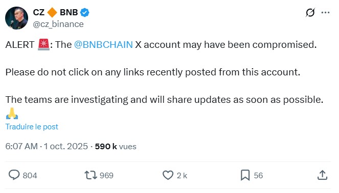 Un hacker prend le contrôle du compte X de la BNB Chain — Changpeng Zhao donne l’alerte image 0