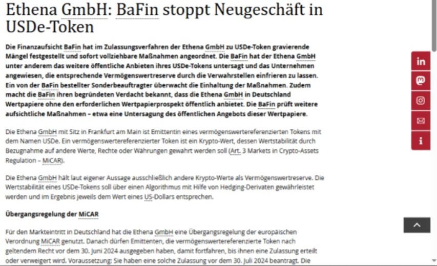 Stablecoin Ethena $USDe Dihentikan Penjualannya di Jerman oleh Otoritas SetempatTanggapan Ethena Labs Terhadap Keputusan BaFinImplikasi Keputusan unt