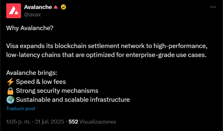 Visa lleva la liquidación de Stablecoin a Avalanche Blockchain image 0