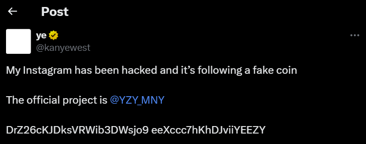 Kanye West’s Instagram hacked and now follows fake YZY coin account image 1